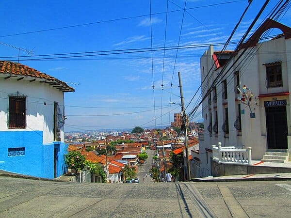 Colonial houses and streets of the San Antonio neighborhood in Cali, Colombia