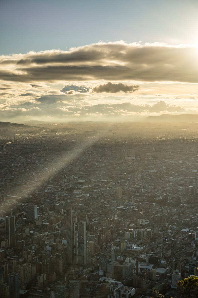 Aerial view of Bogotá, Colombia with the Andes mountains in the background