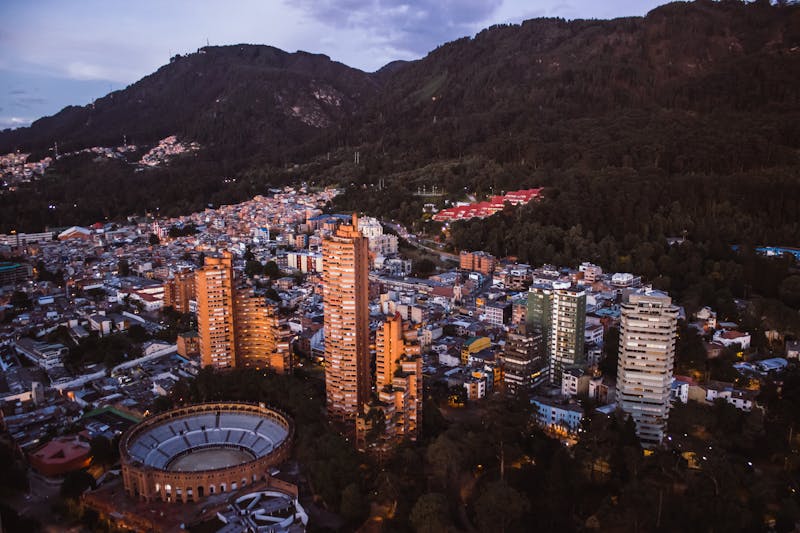 View of Bogotá and the Andes mountains at dusk — Colombia's capital sits at 2,640m above sea level