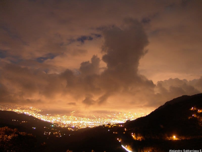 Medellín Colombia at night, aerial view of the illuminated city