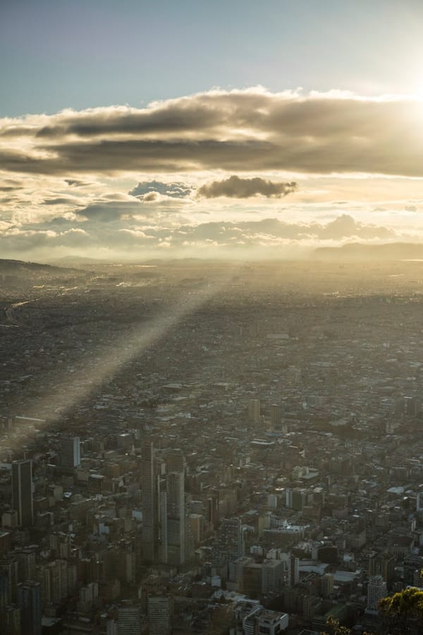 Aerial view of Bogotá, Colombia with the Andes mountains in the background